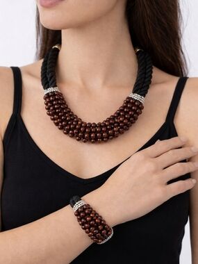 You and I wooden black rope necklace & bracelet set vintage